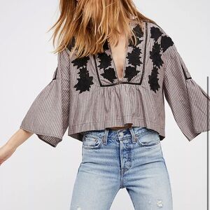 Free People Striped Cropped Tunic with Black Floral Embroidery